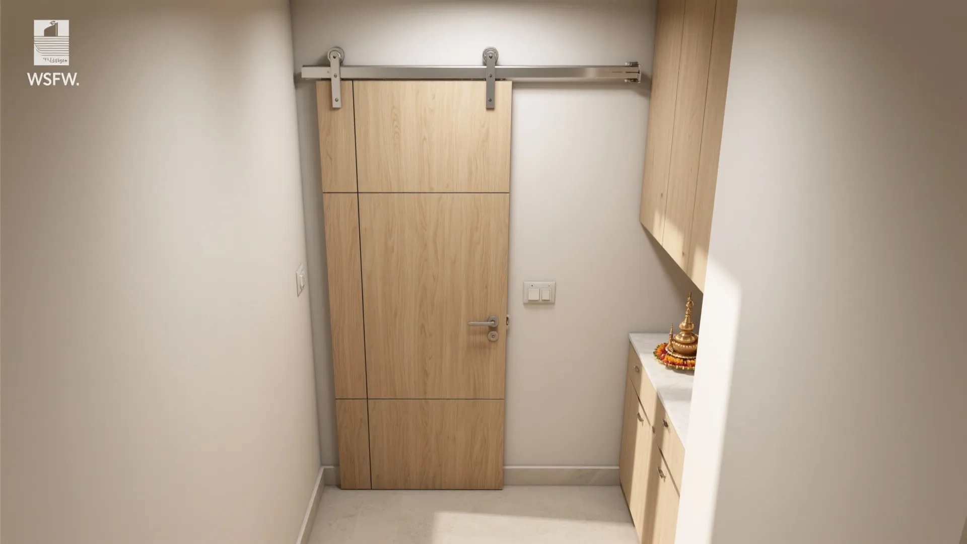 Top-down view showing sliding pooja door freeing corridor clearance.