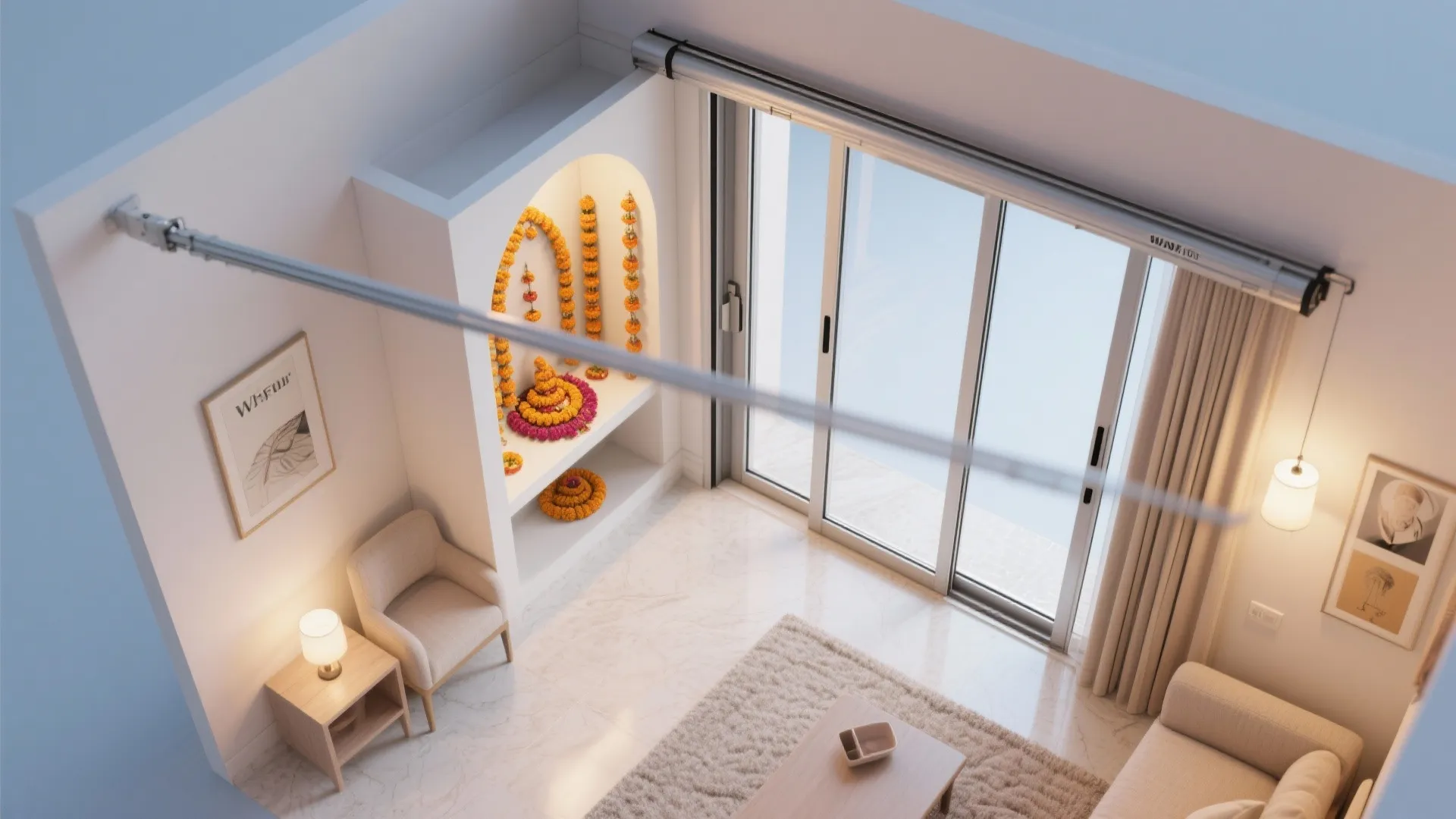 Top view interior design drawing of living room with prayer niche sofa rug and glass windows