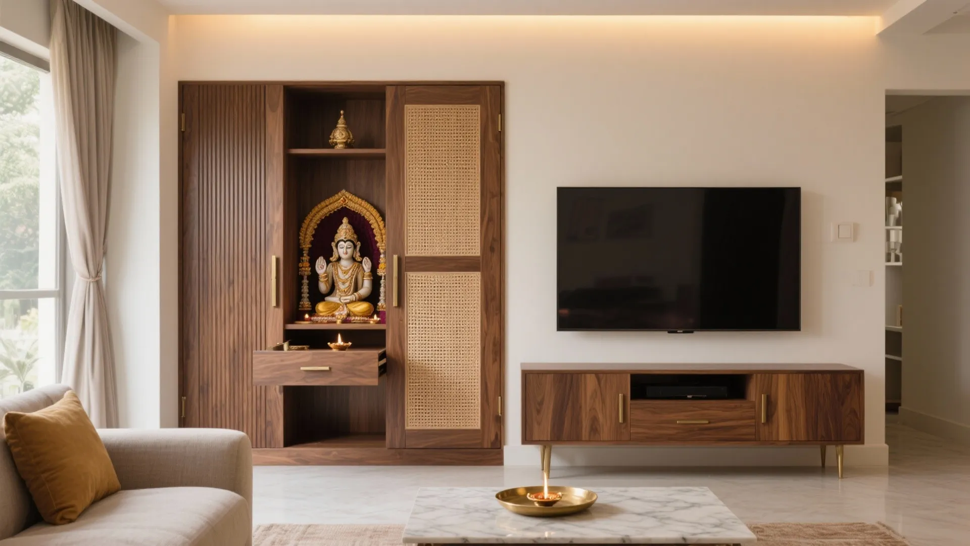 Modern living room with a wooden cabinet containing a small statue next to a television