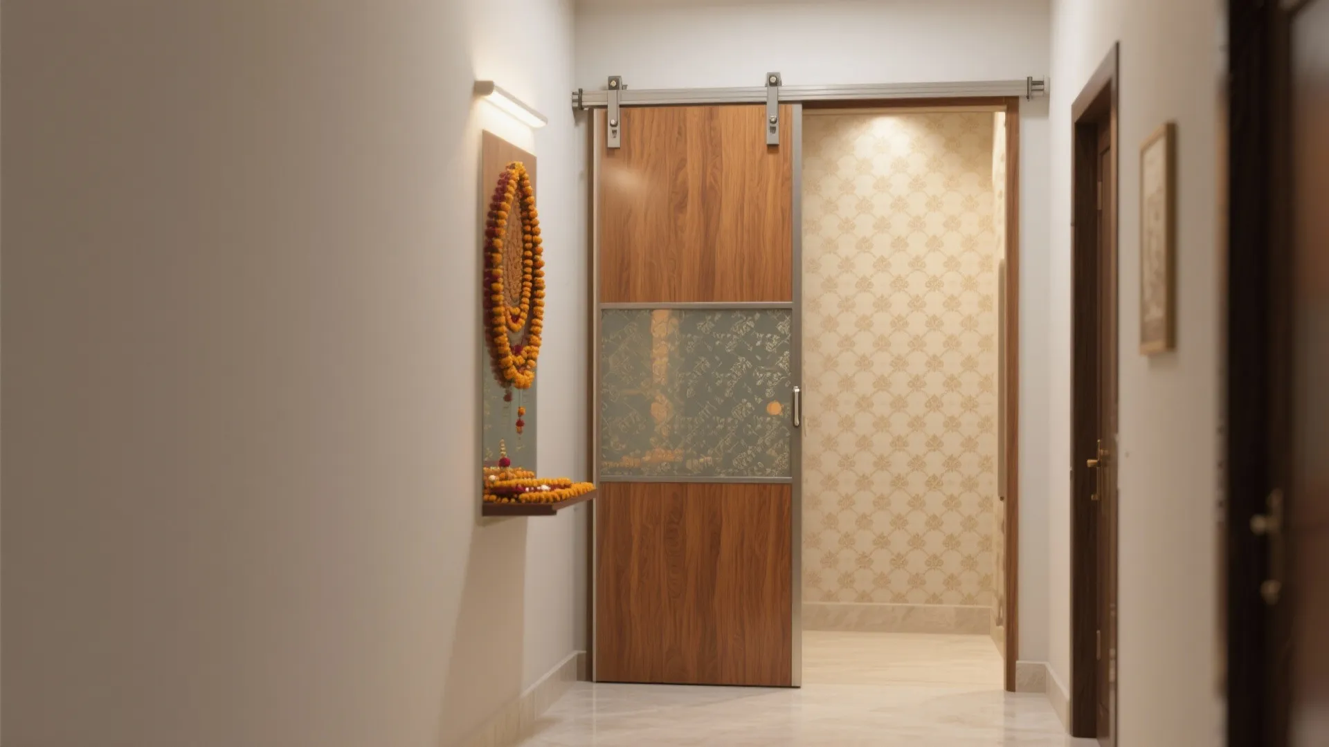 Wall-mounted sliding pooja door with hidden track and clean lines.