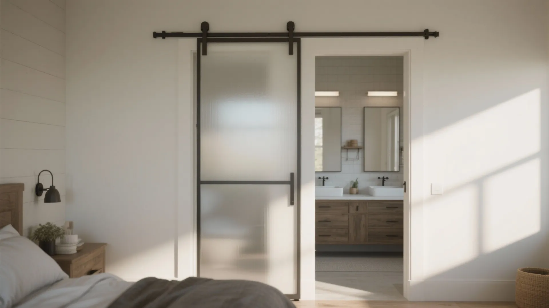 Frosted translucent pocket sliding door providing privacy between bedroom and Jack-and-Jill bathroom.