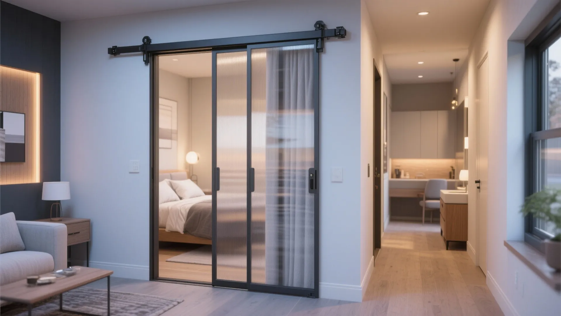 Sliding pocket doors in ADU creating flexible privacy between living area and bedroom