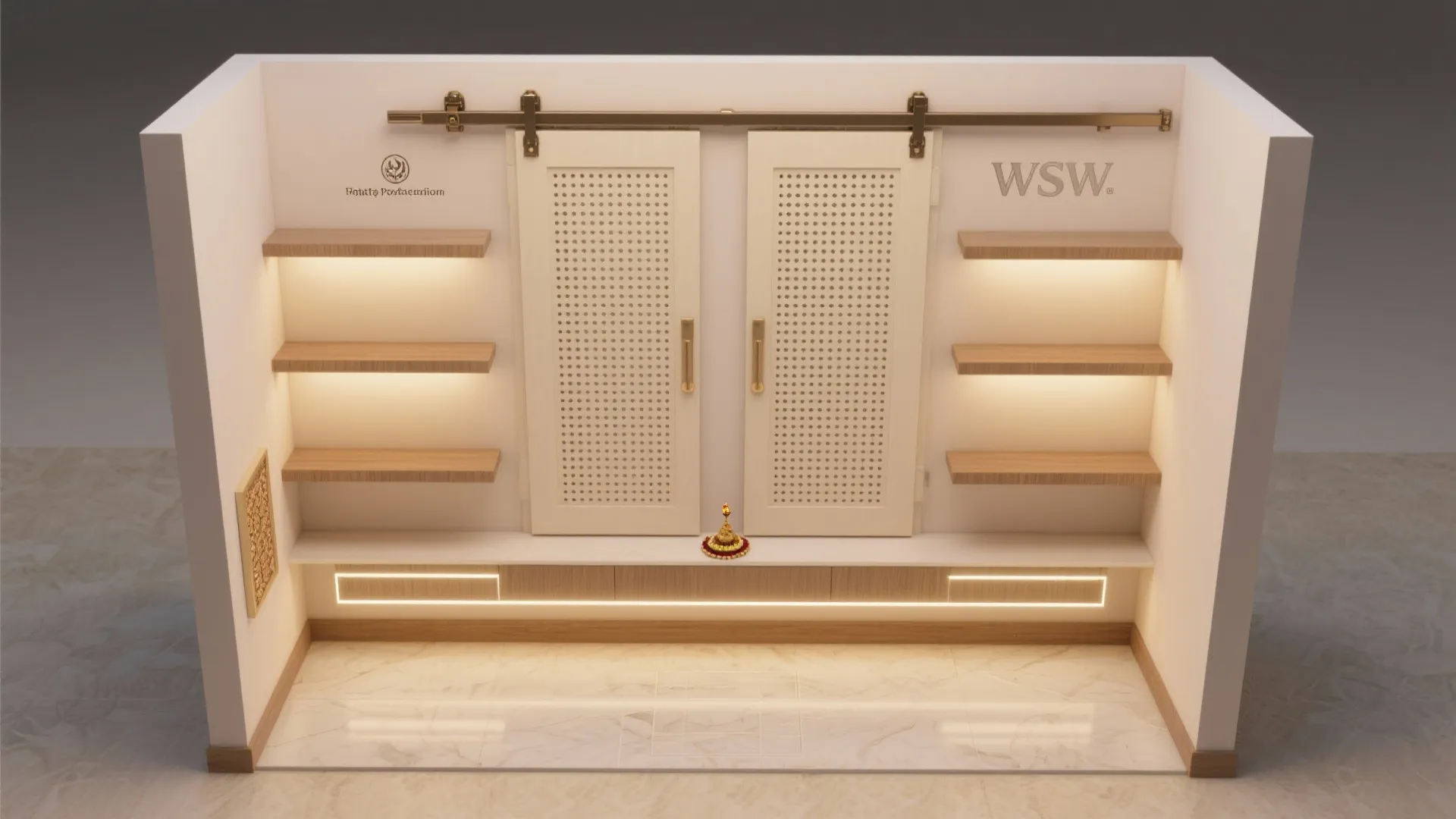 Interior design drawing of white sliding doors, wooden shelves, and warm light fixtures on wall