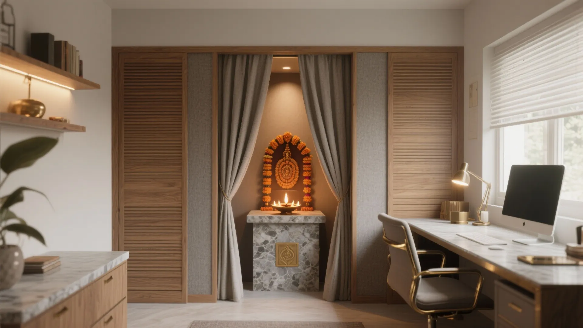 Sliding-panel multi-purpose puja corner