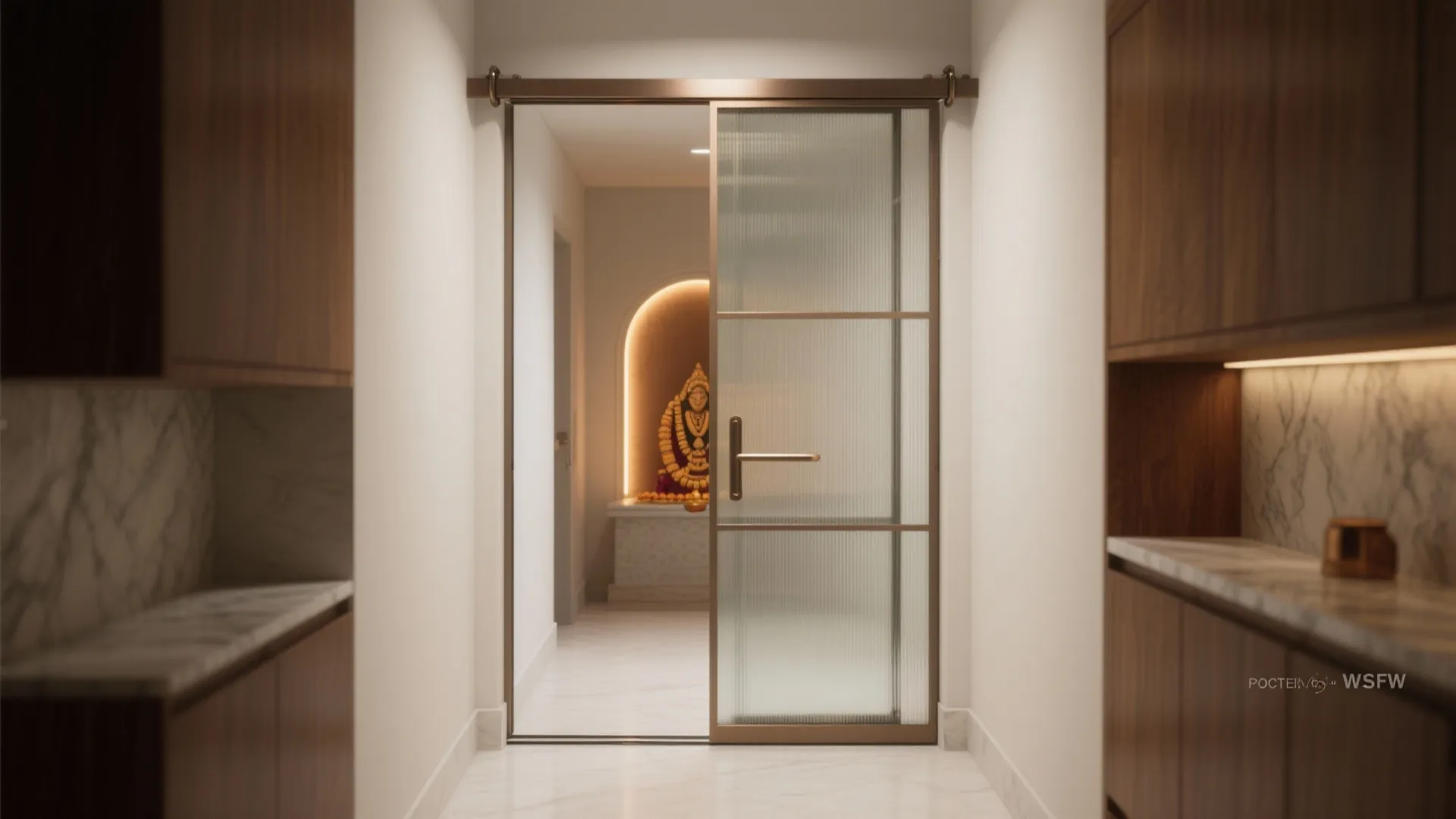 Modern hallway leading to a prayer room through a glass sliding door with wooden cabinets