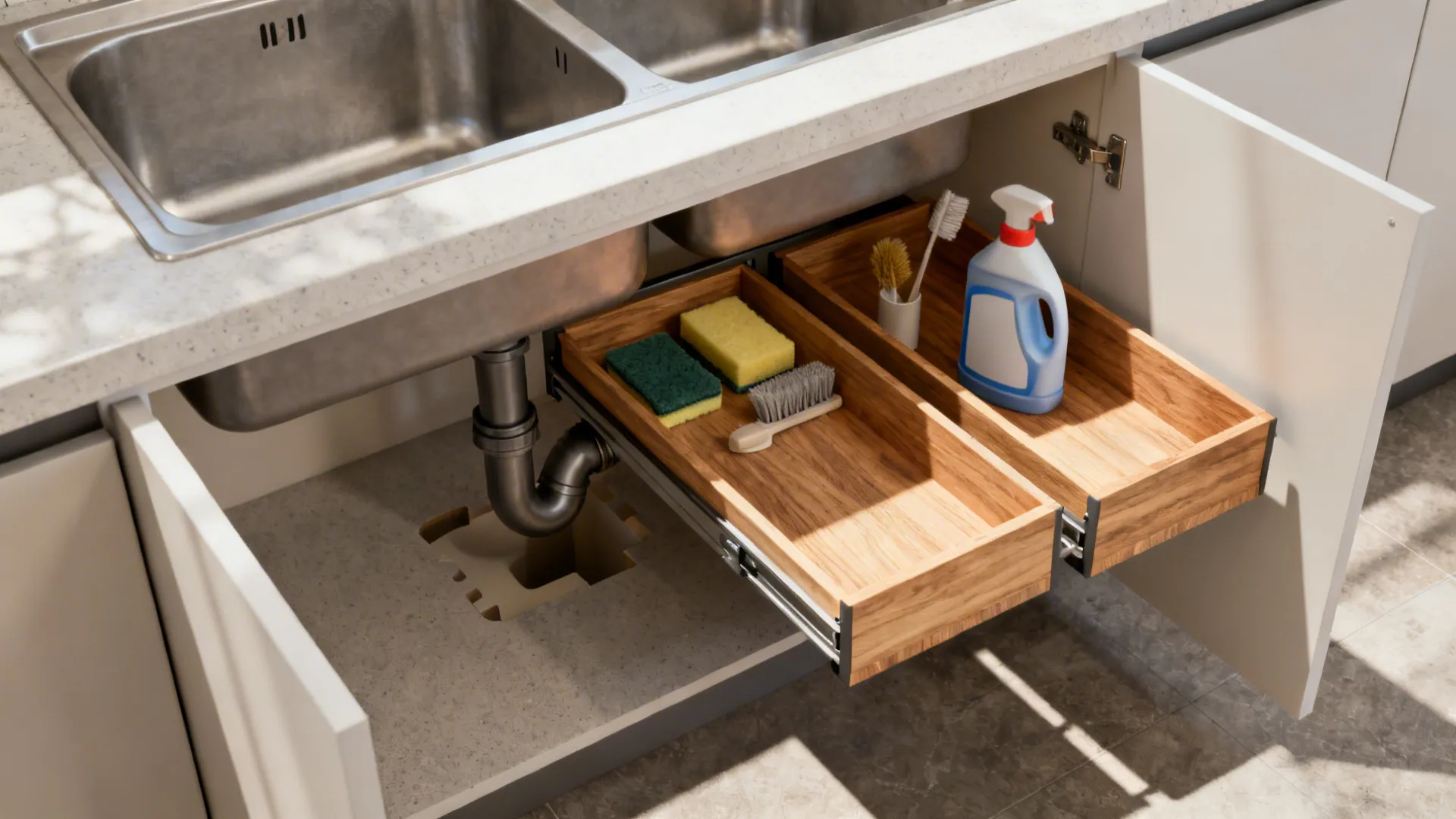 Pull-out tray under sink with notches around plumbing, holding sponges and detergent.