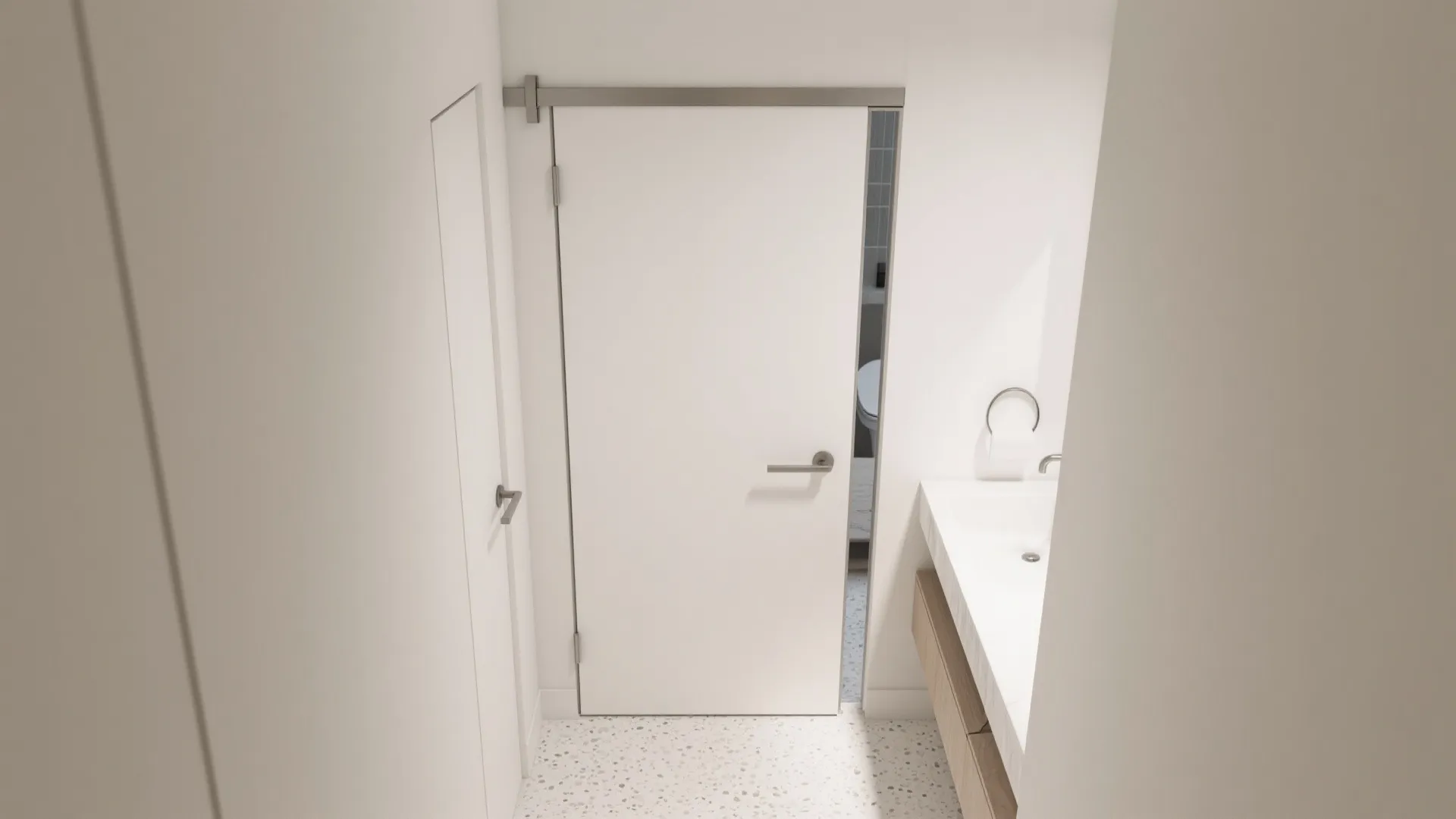Interior design drawing of a white bathroom door with silver handle and white bathroom sink