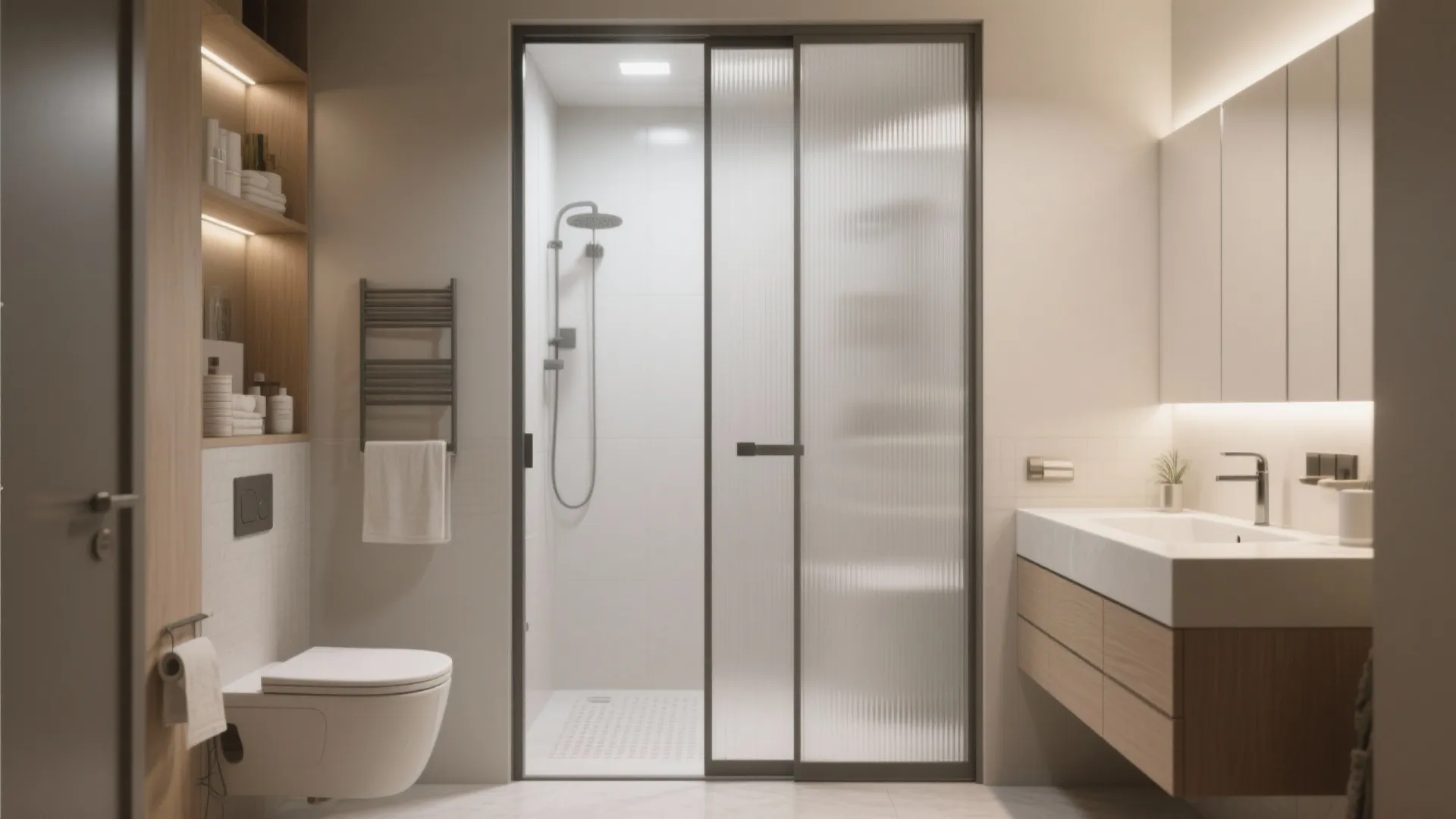 Modern bathroom with fluted glass sliding door shower toilet wooden cabinet sink and warm lighting