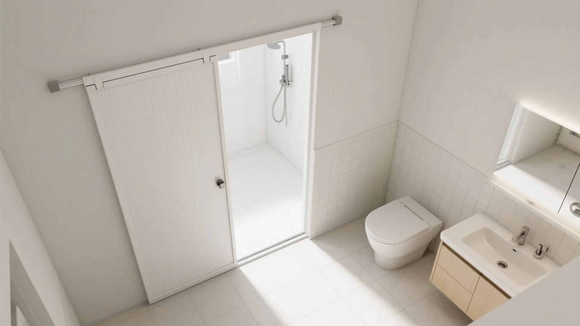Top view of a white bathroom with sliding door sink toilet and a shower area