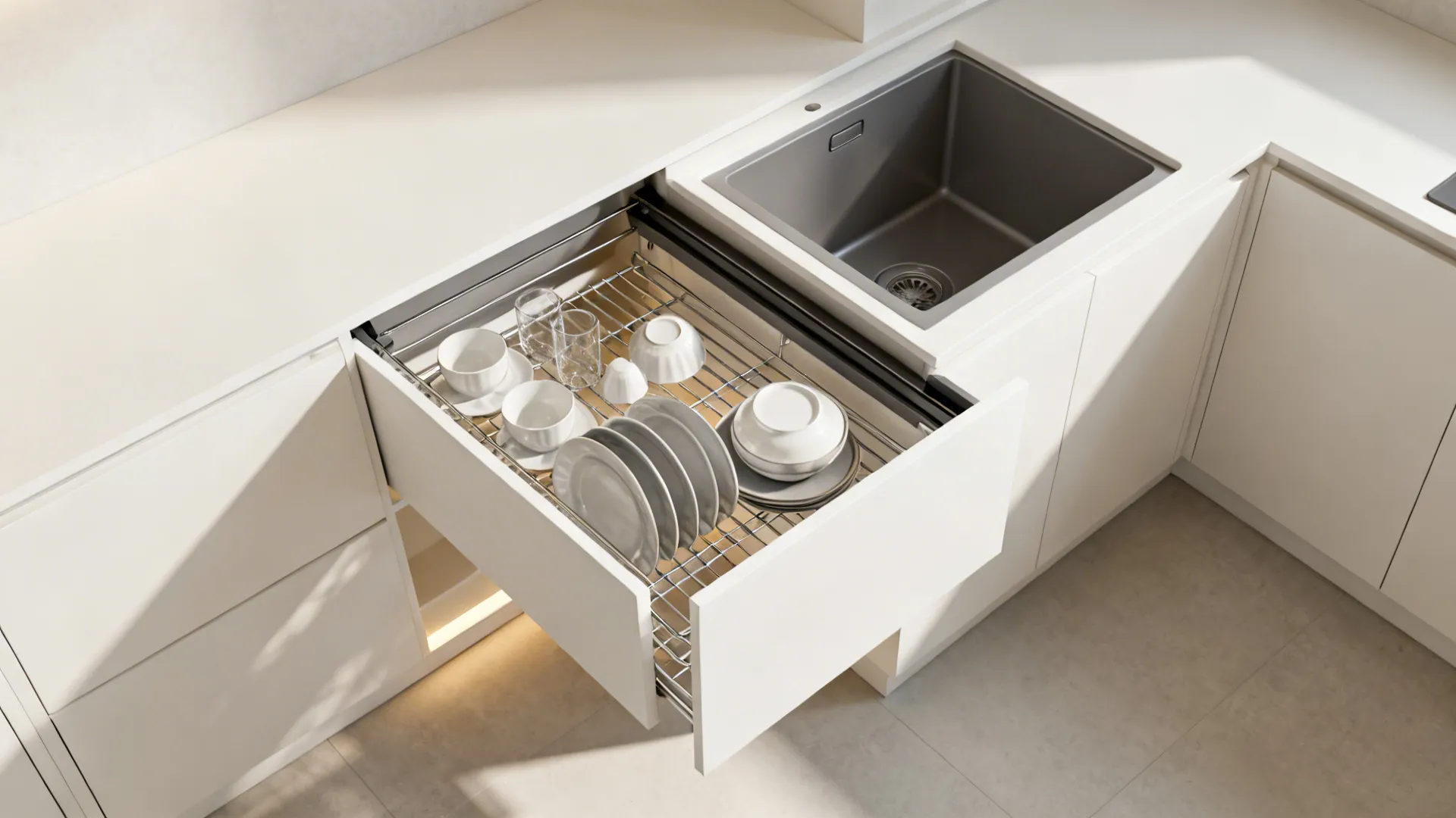 Top-down view of a linear crockery rack with sliding panels and a concealed wash niche.