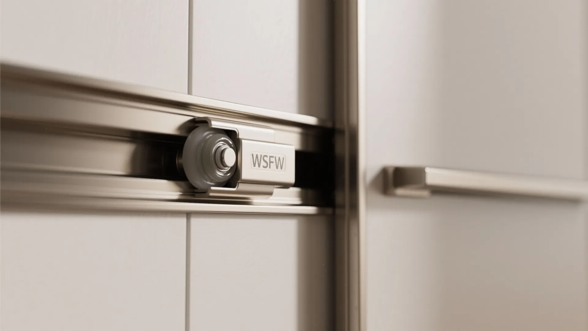 Macro of sliding wardrobe rail and soft-close roller in brushed metal.