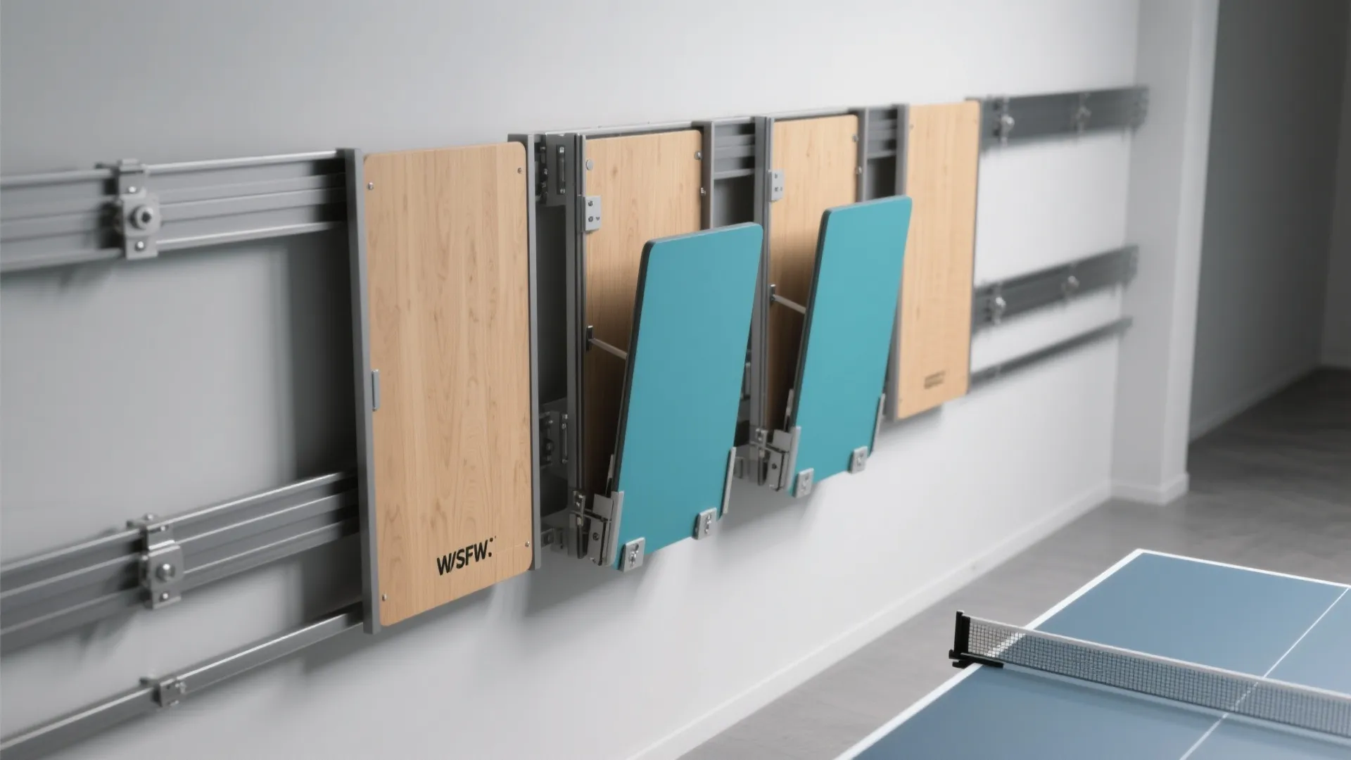 Folding wooden and blue panels mounted on wall metal sliding rails for space saving design