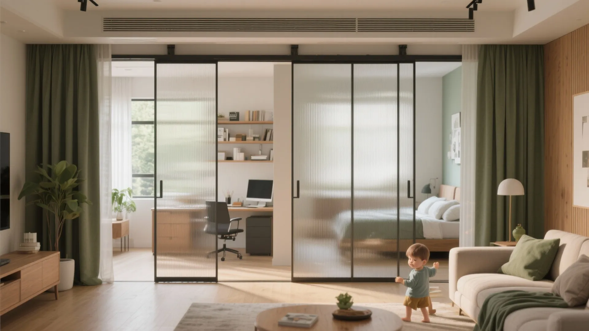 Sliding Partitions to Flex the Second Bedroom (Study by Day, Guest Room by Night)
