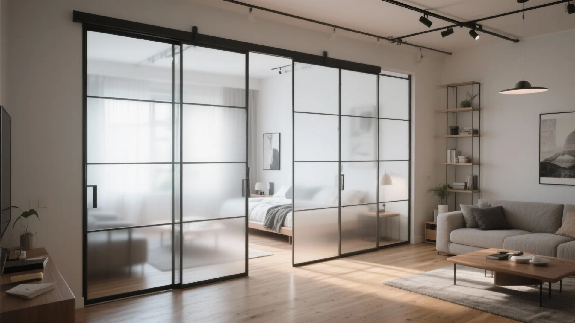 Modern living room with black frame sliding glass doors separating a bedroom and wooden floor
