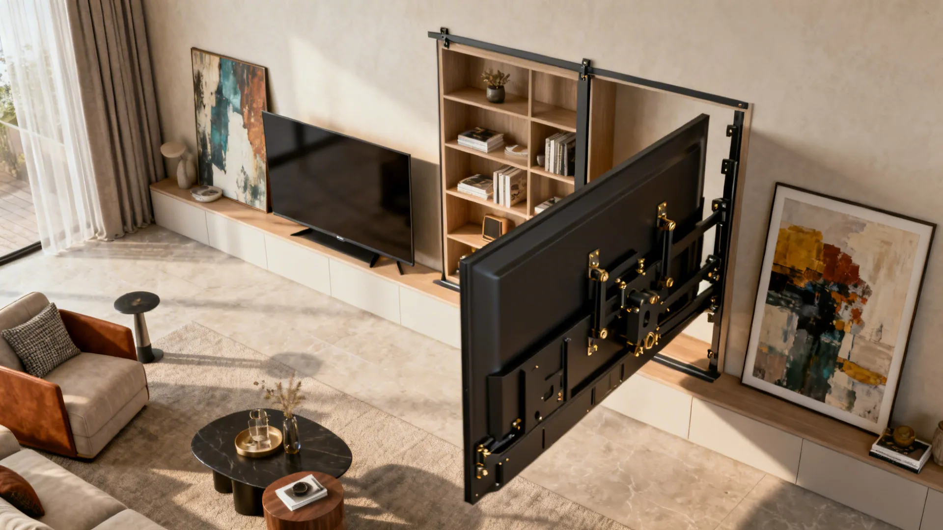Rotating television on sliding bracket system next to wooden cabinet in a modern living room