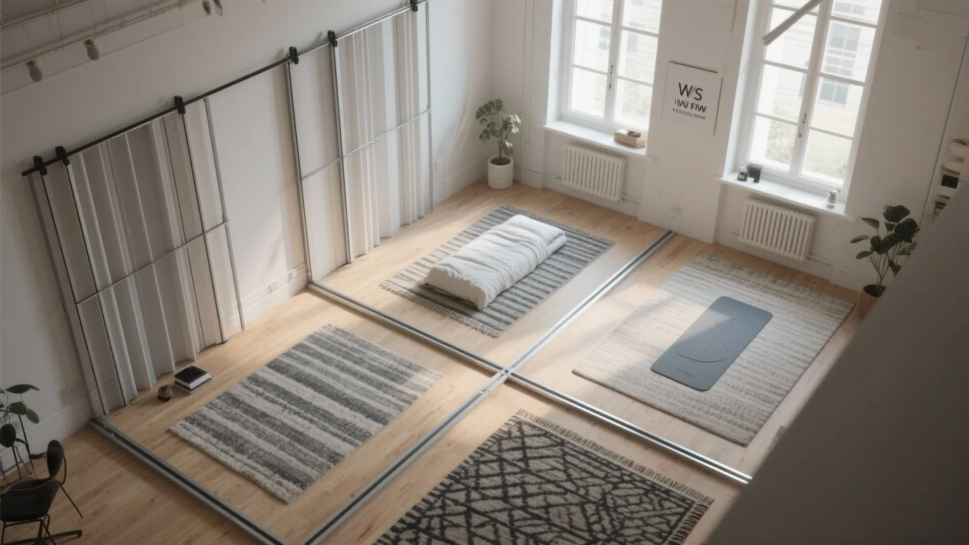 2. Zoning with sliding panels and rugs
