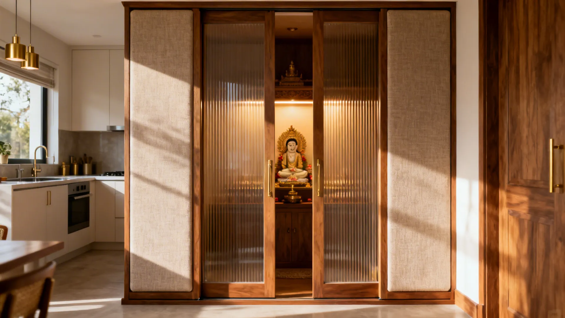 Pocket-style pooja enclosure with acoustic panel sliders and inner satin glass near the kitchen.