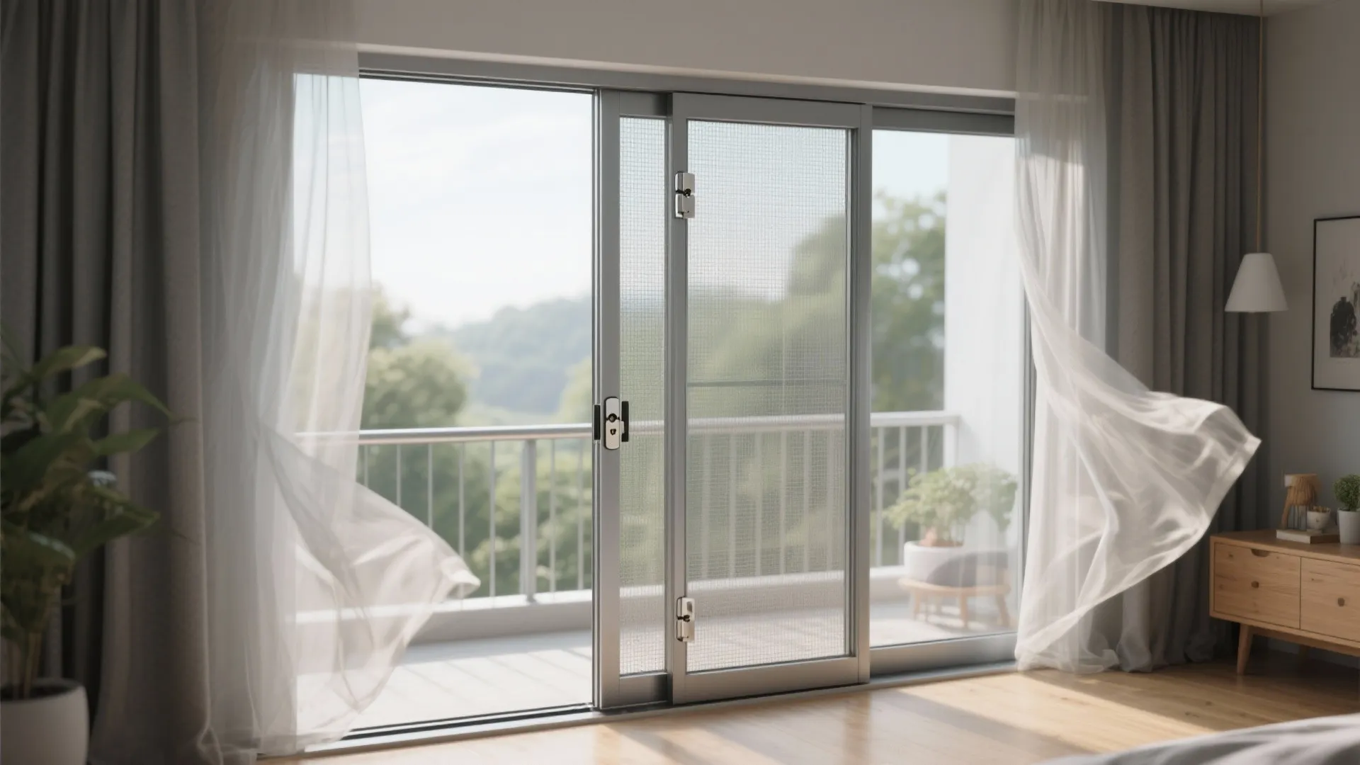 Modern balcony sliding screen door with white curtains blowing in wind and green plants outside view