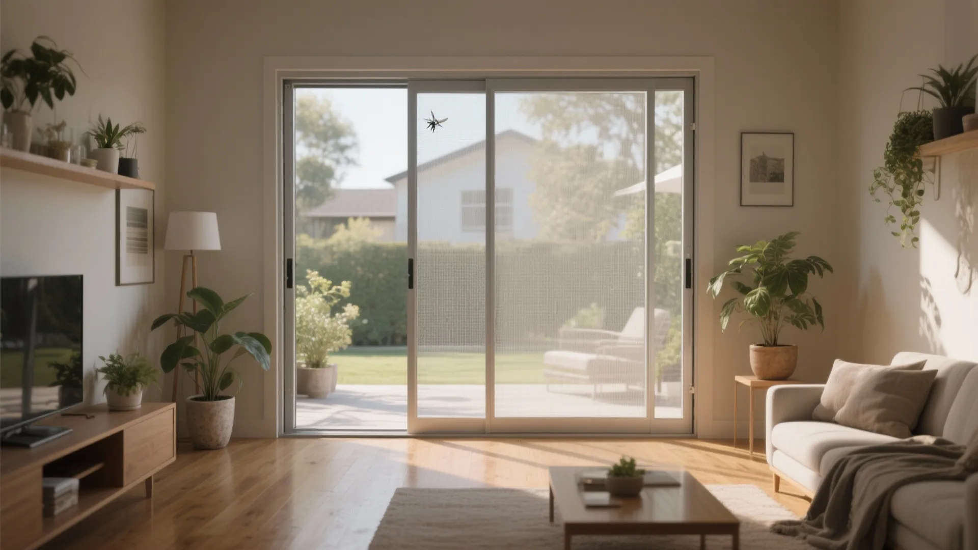 Modern bright living room with sliding glass doors leading to a backyard garden and patio