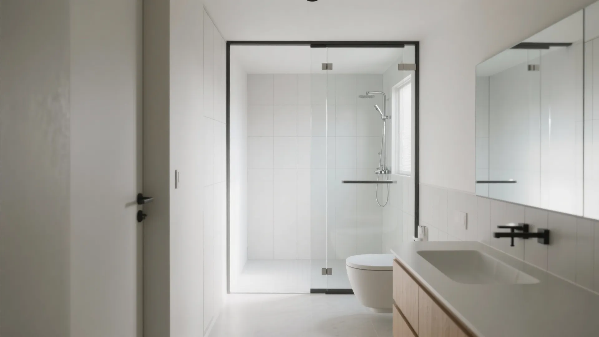 Clean white bathroom with glass shower door black faucet wooden cabinet and white round toilet