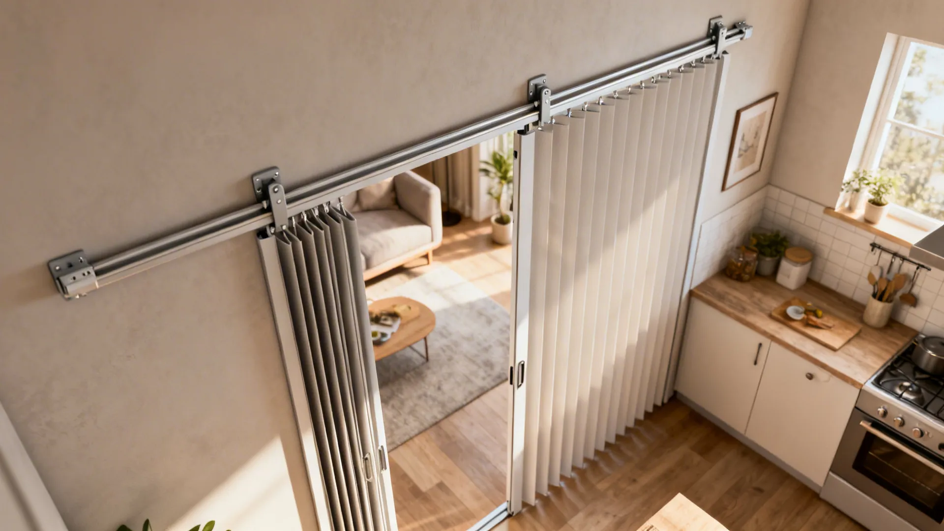 White sliding room divider curtain separating kitchen from living room with sofa and wood floor