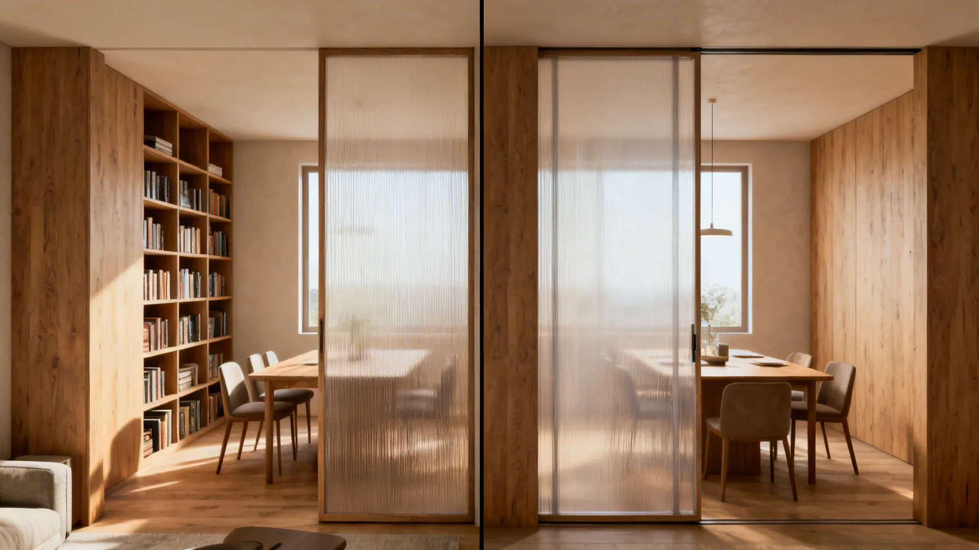 Before and after comparison of a sliding glass door separating a dining room and office