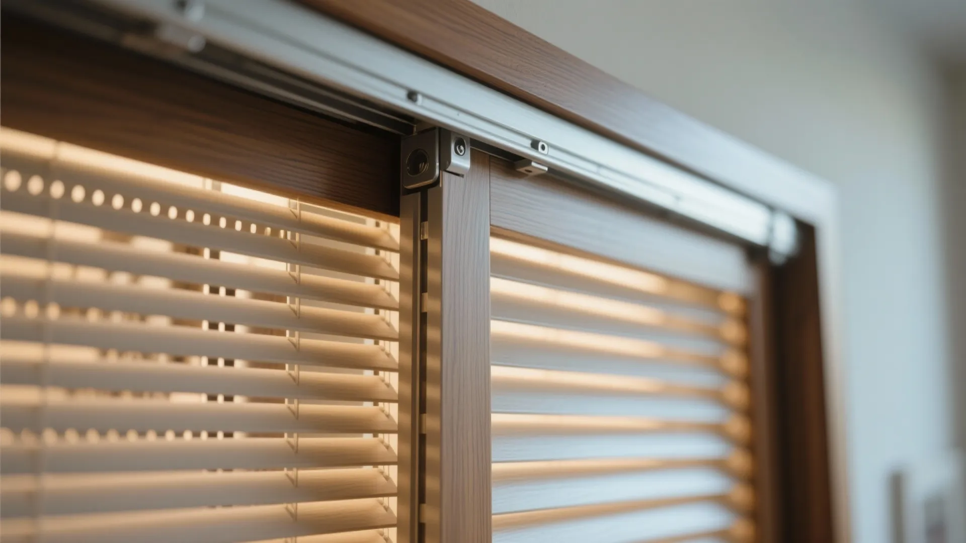 Close up of sliding window blinds with wood frame and metal track for sun light