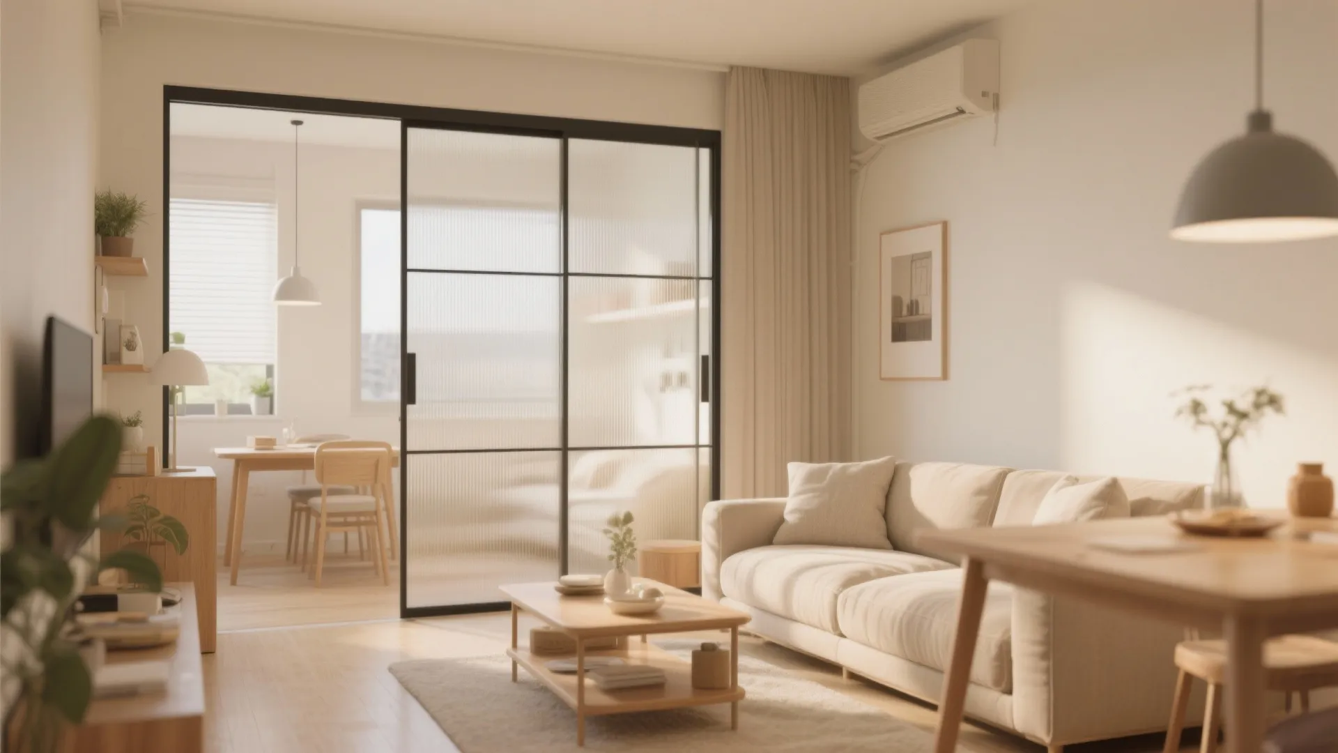 Sliding screen separating living and dining zones