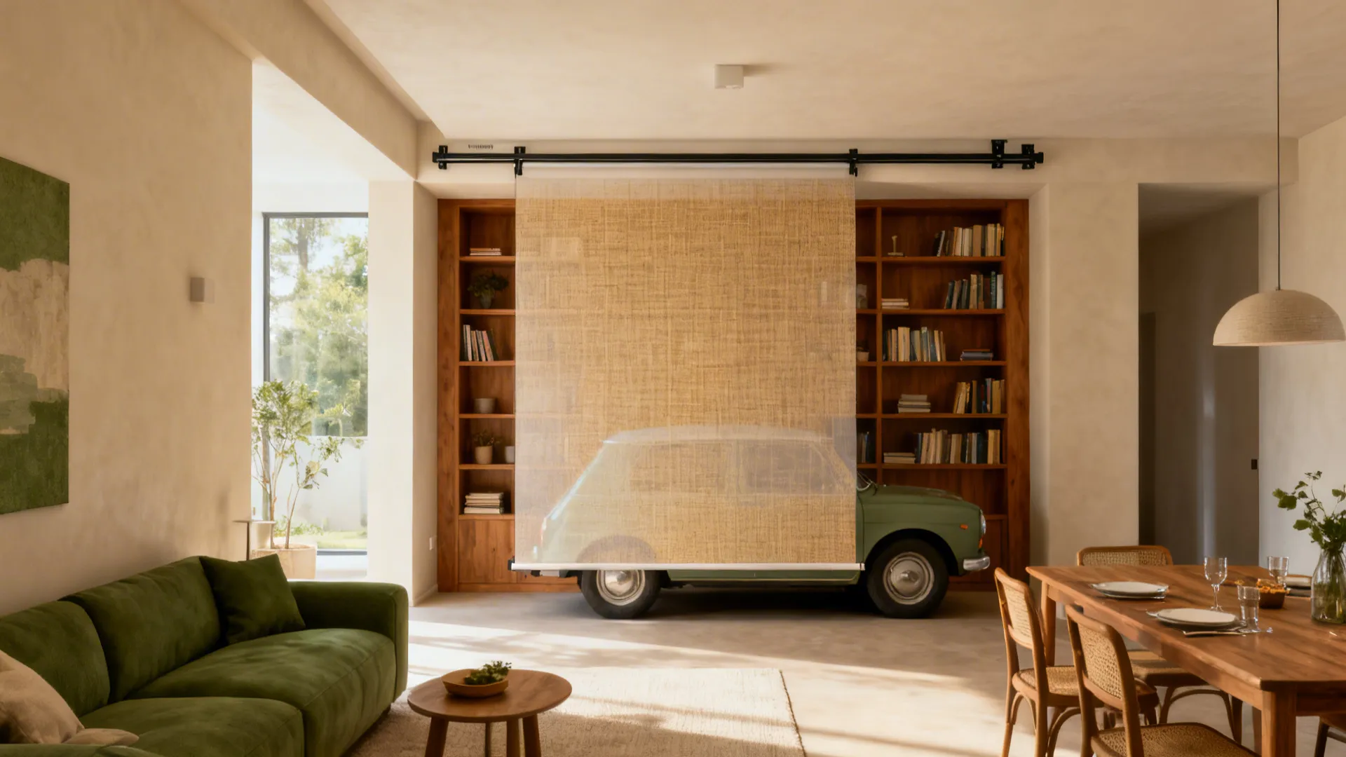 Modern living room with green sofa wooden dining table and sliding screen covering a vintage car