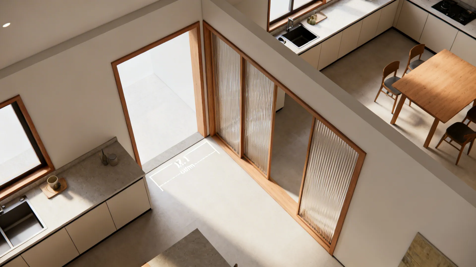 Top-down view showing a three-panel top-hung sliding screen and clear circulation at the entrance.