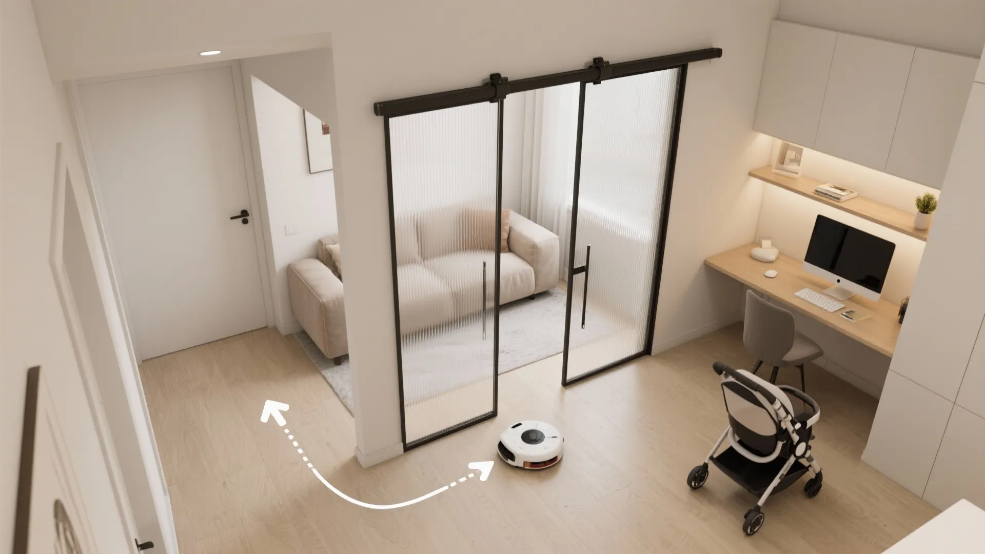 Top-down view of a sliding translucent screen creating a flexible nook.