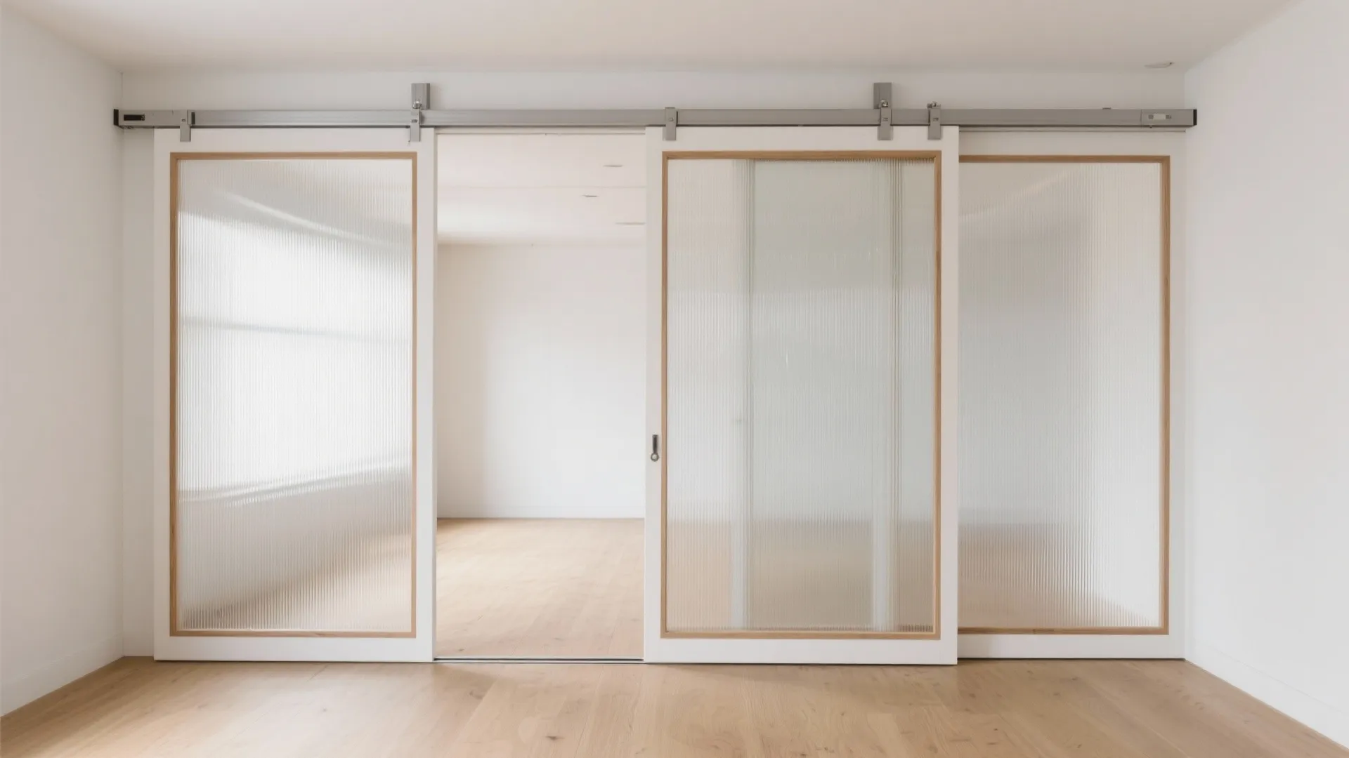 Modern white room featuring large sliding glass doors with a wooden frame and metal track