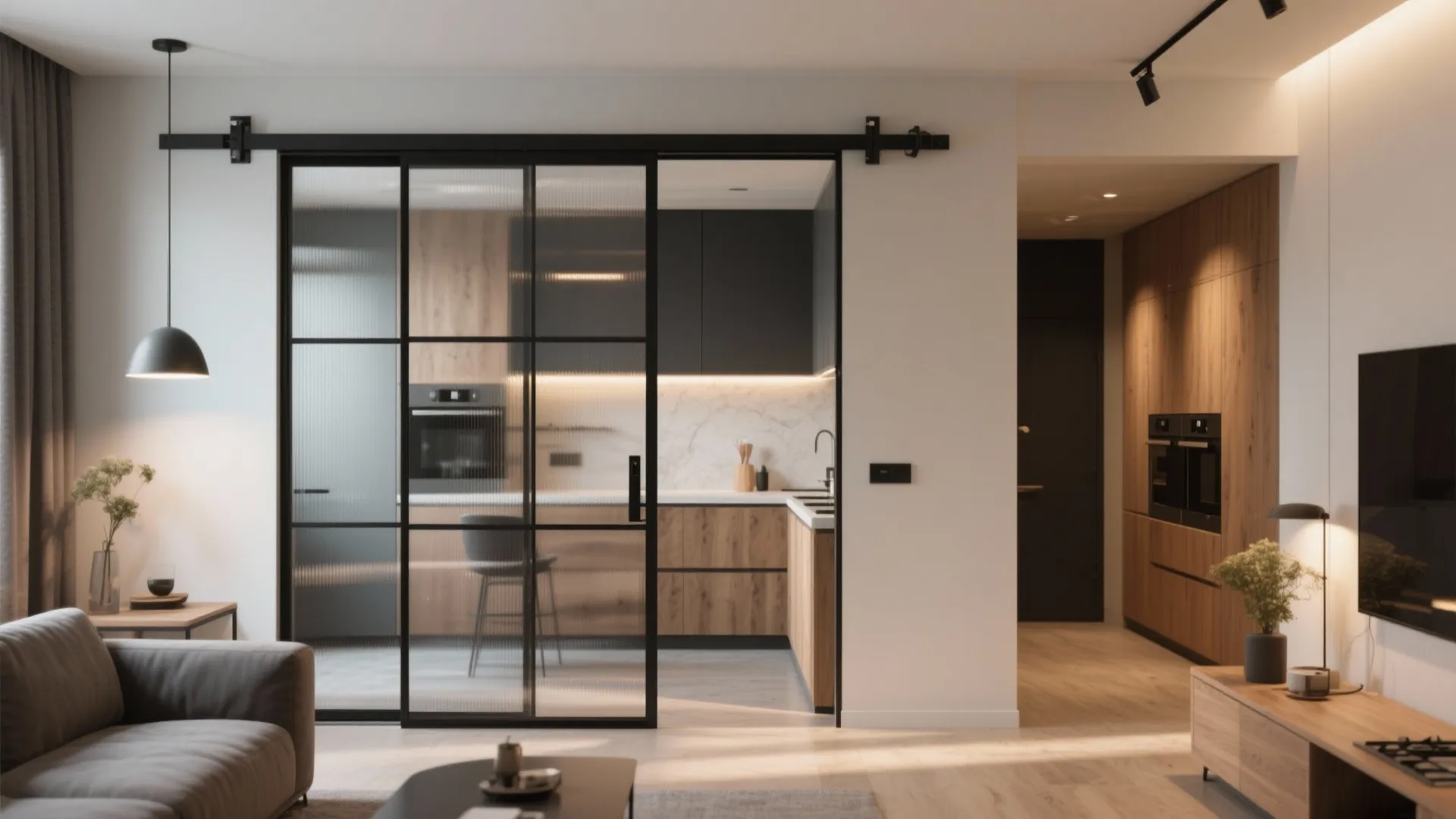 Living room with sofa glass sliding door wood kitchen cabinets ceiling light and wood floor