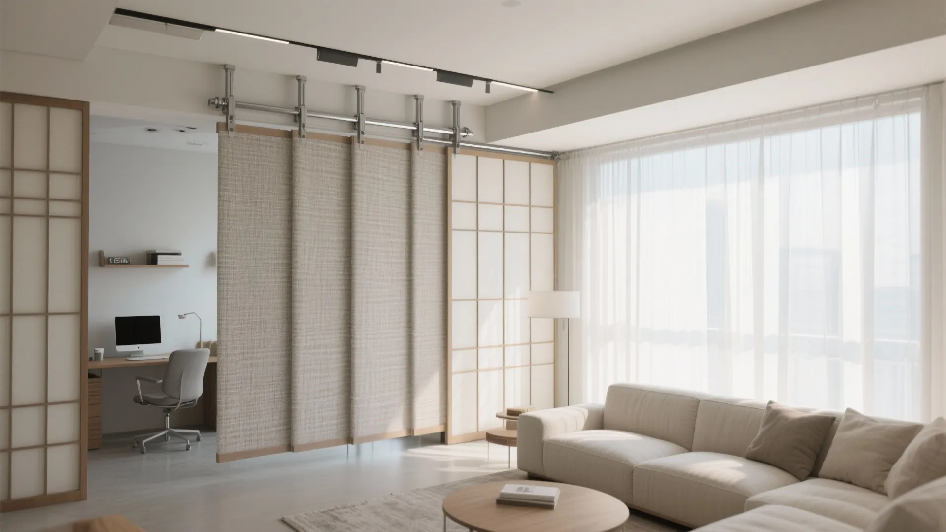 Modern living room featuring sliding fabric screen dividers between a home office and sofa area