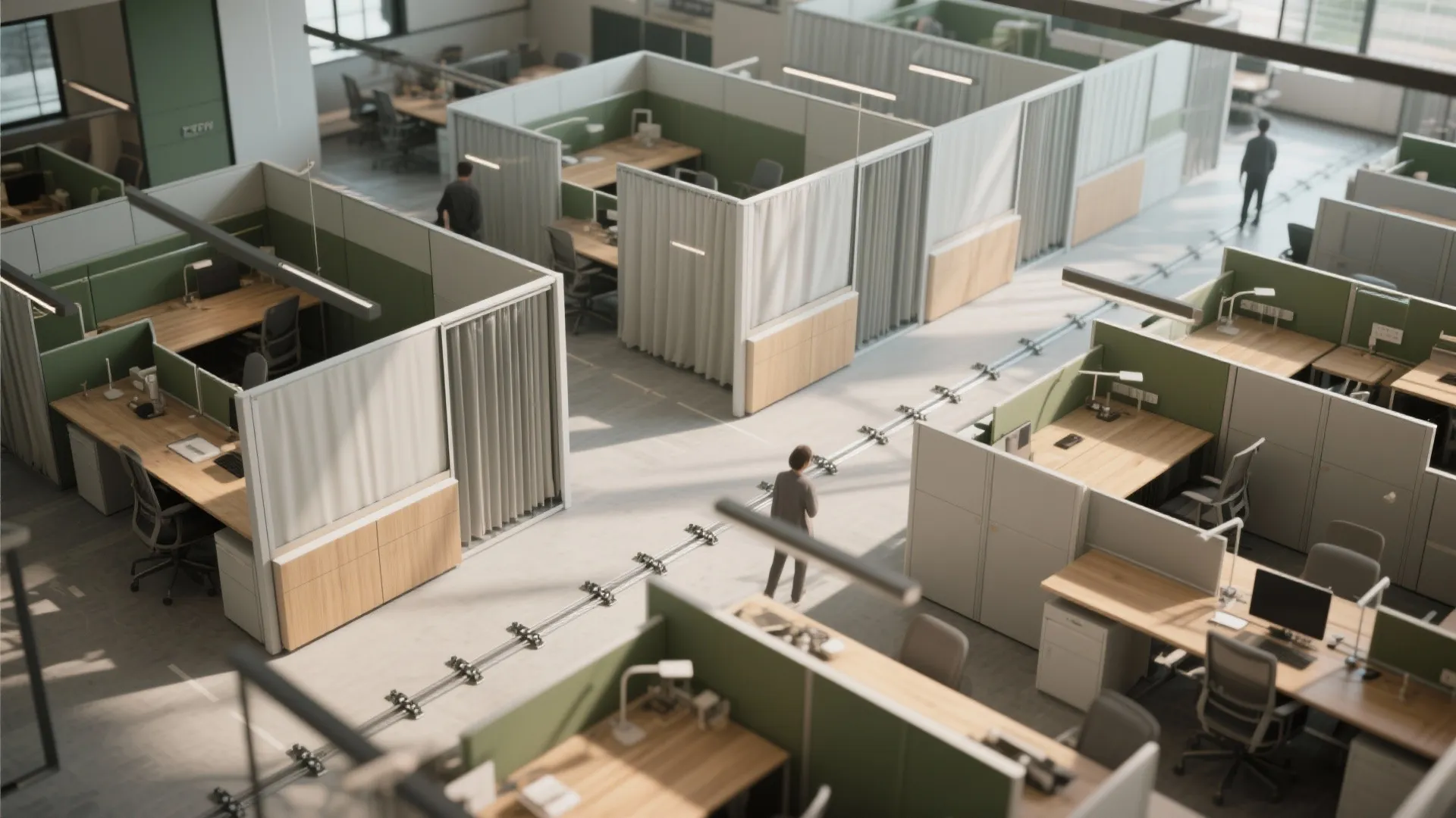 Modern office layout with green cubicle walls white curtains wooden desks chairs and people walking around