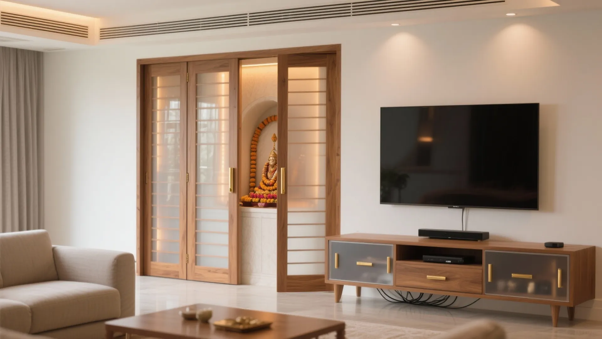 Multi‑Purpose Pooja Wall With Sliding Screens