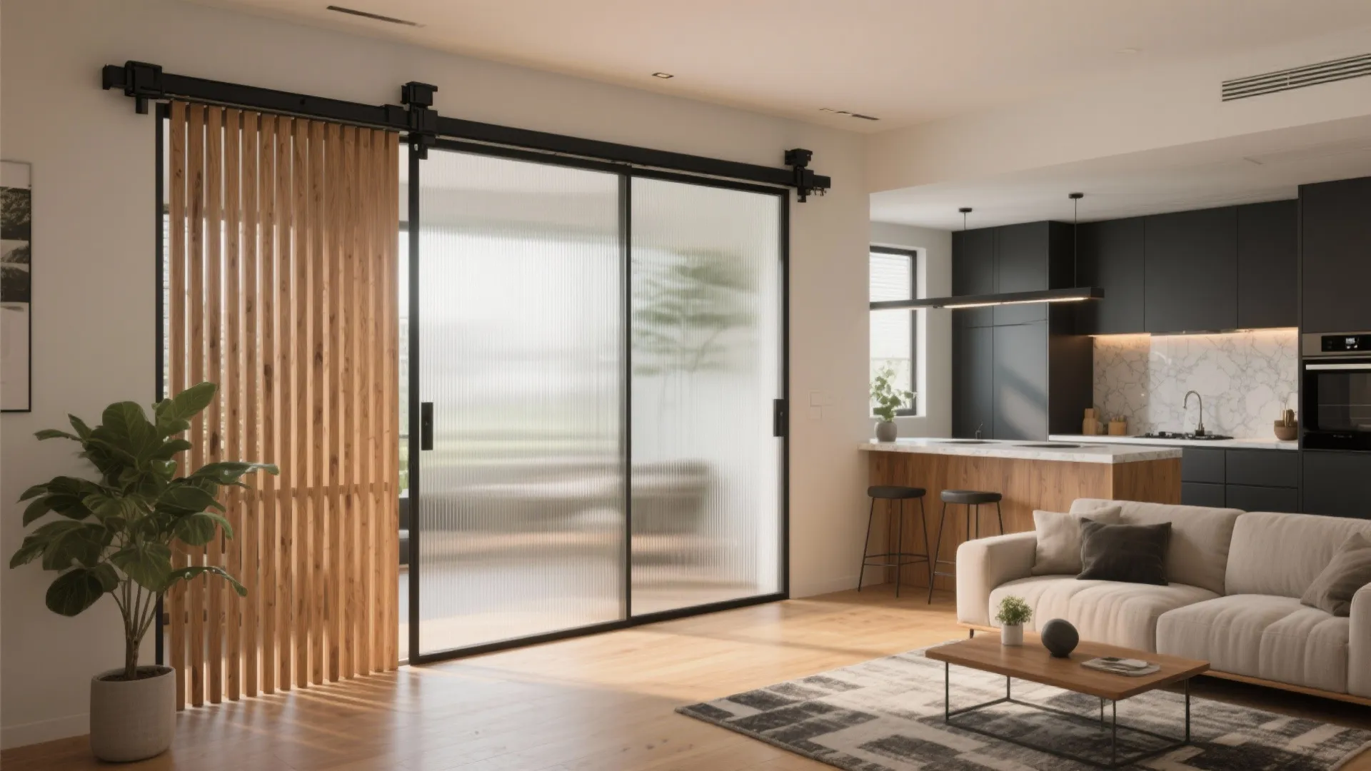 Modern living area featuring wooden sliding screens and frosted glass doors leading to the kitchen