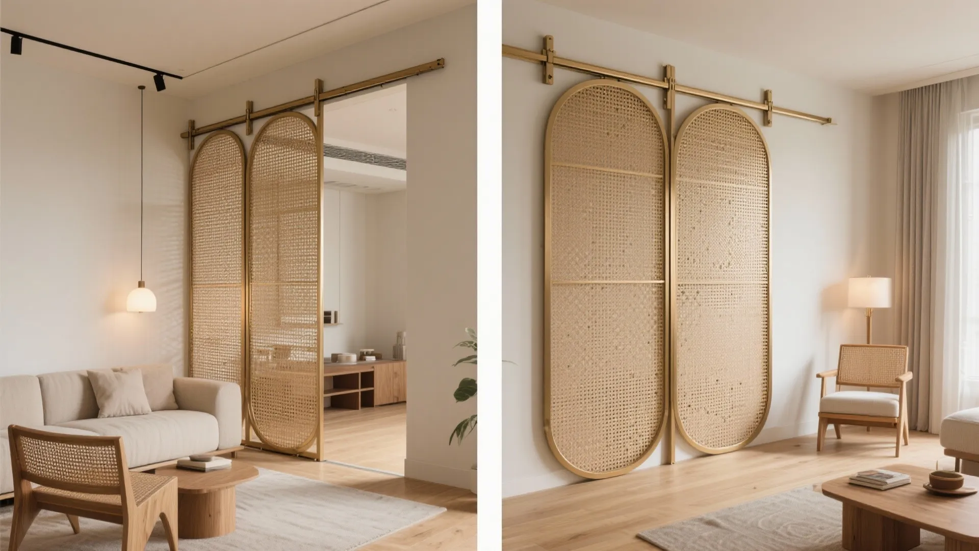 Living room pooja corner with perforated brass sliding screens providing flexible privacy and airflow.