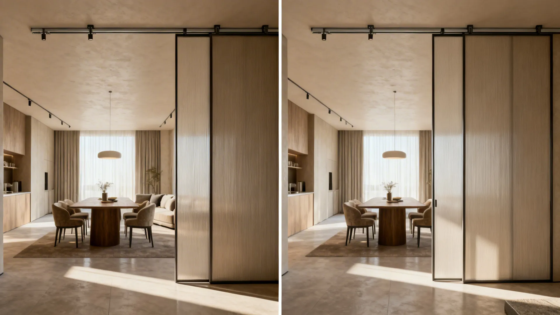 Modern dining room with wooden table and chairs separated by sliding textured glass room divider screens