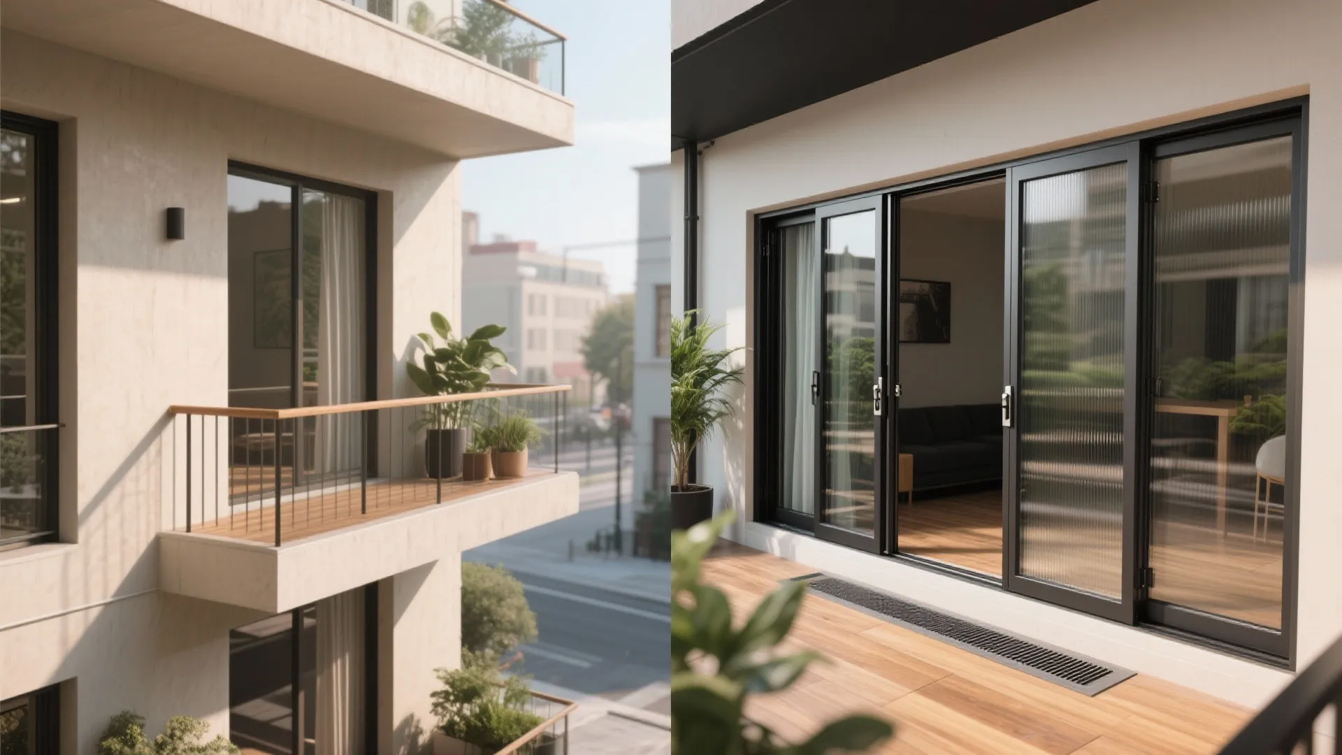 Side-by-side view of a modern apartment balcony and a black frame sliding glass door