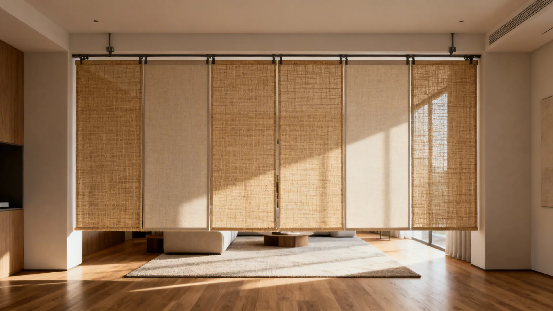 Ceiling-mounted cane and fabric sliding screens filter light between drawing and living areas.