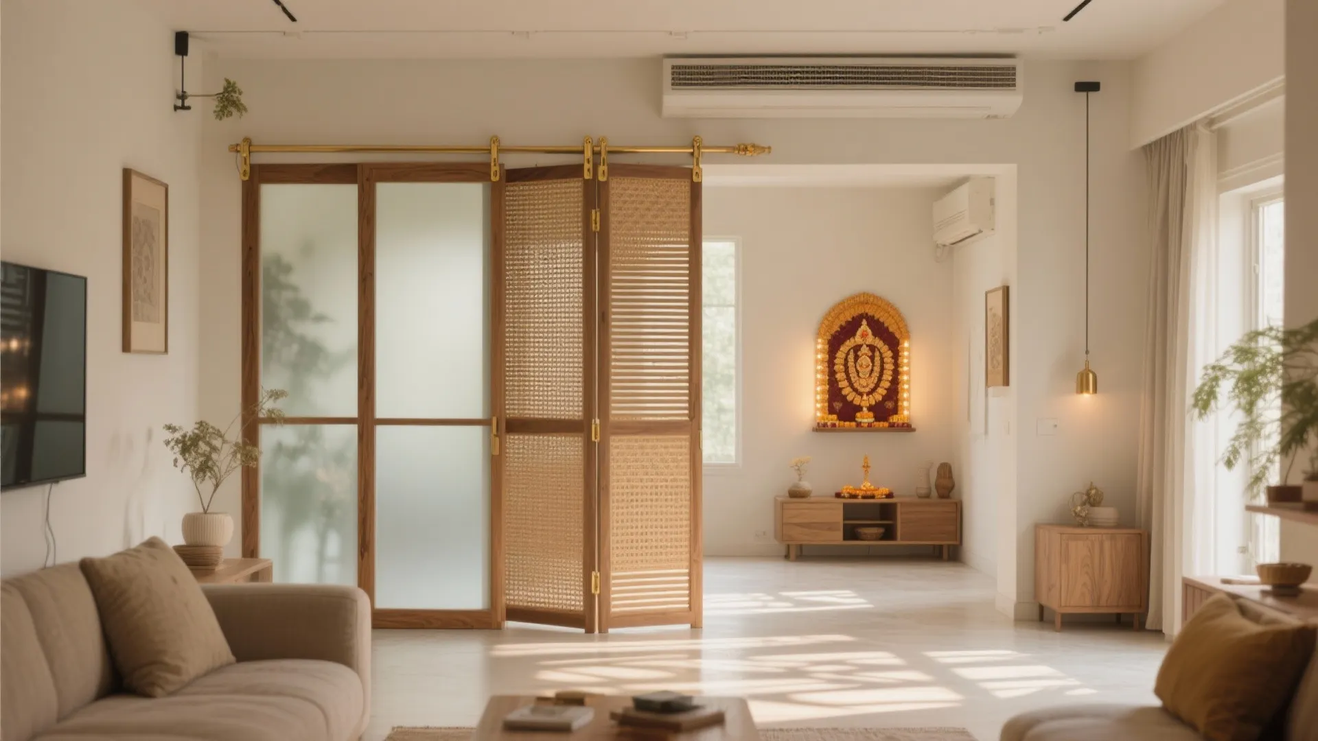 Studio living room with a pooja corner behind sliding wood slat and cane screens with ceiling tracks.