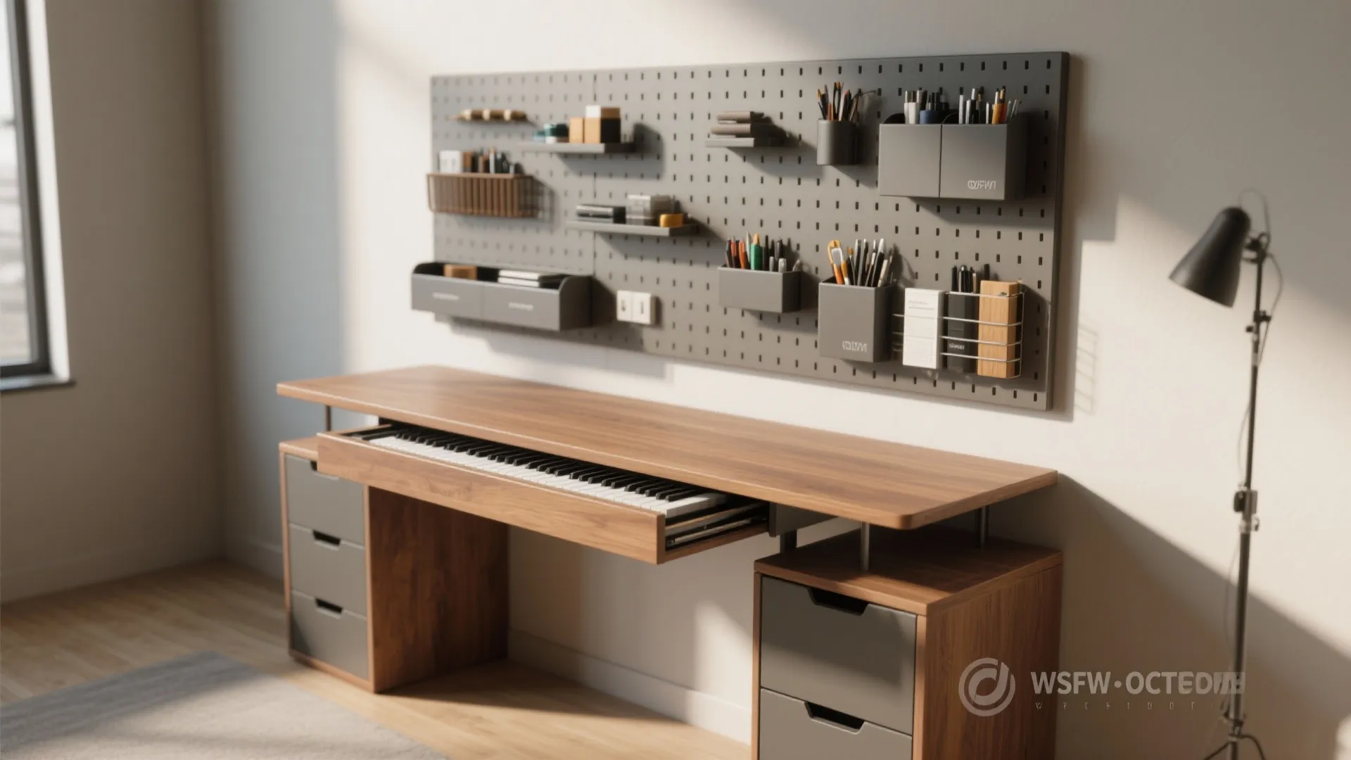 2. Floating desk with sliding shelf and vertical organizers