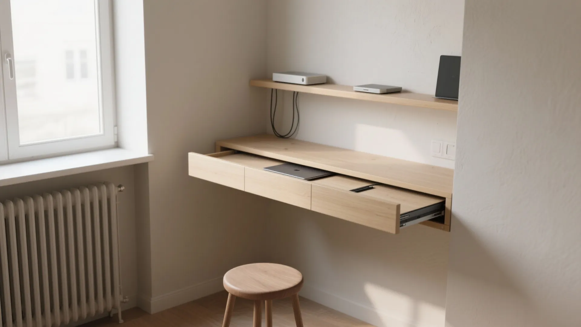 2. Sliding shelf desk that tucks into a niche