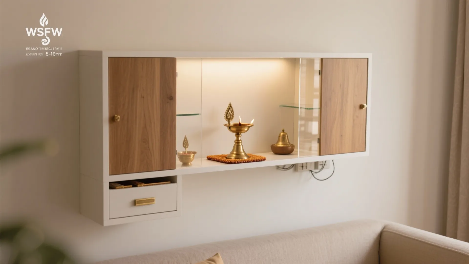 Wall‑Mounted Pooja Shelf with Discreet Sliding Panels