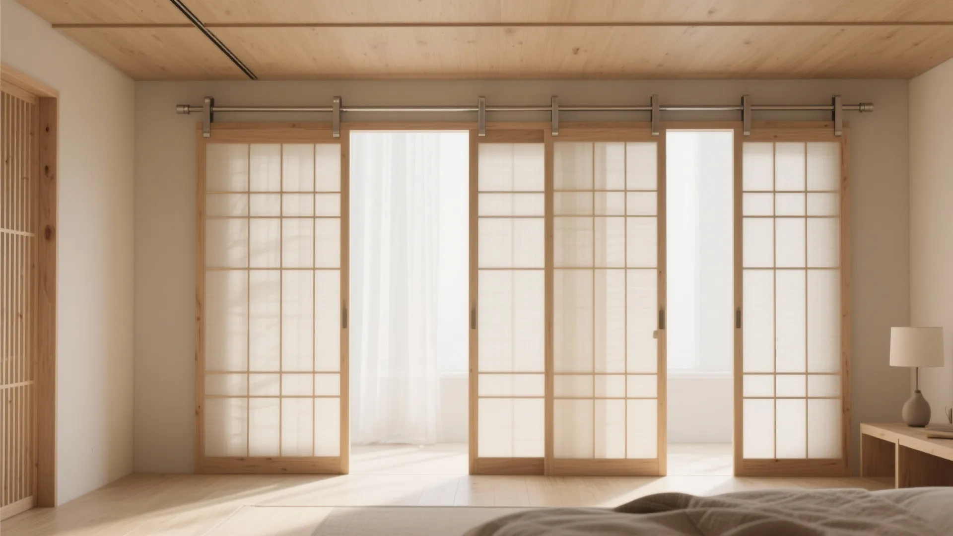 Japanese style room with wooden sliding doors made of light wood and white paper panels
