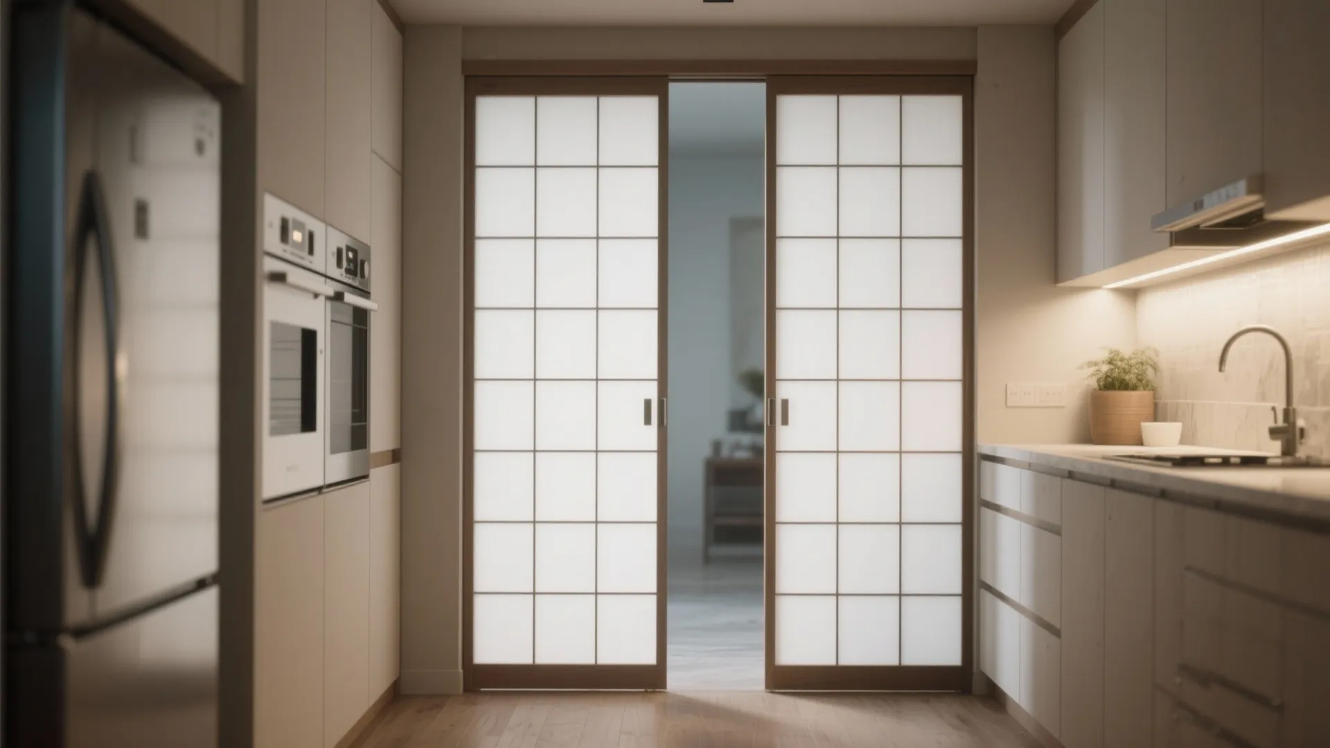 3. Use shoji white sliding doors for tight aisles