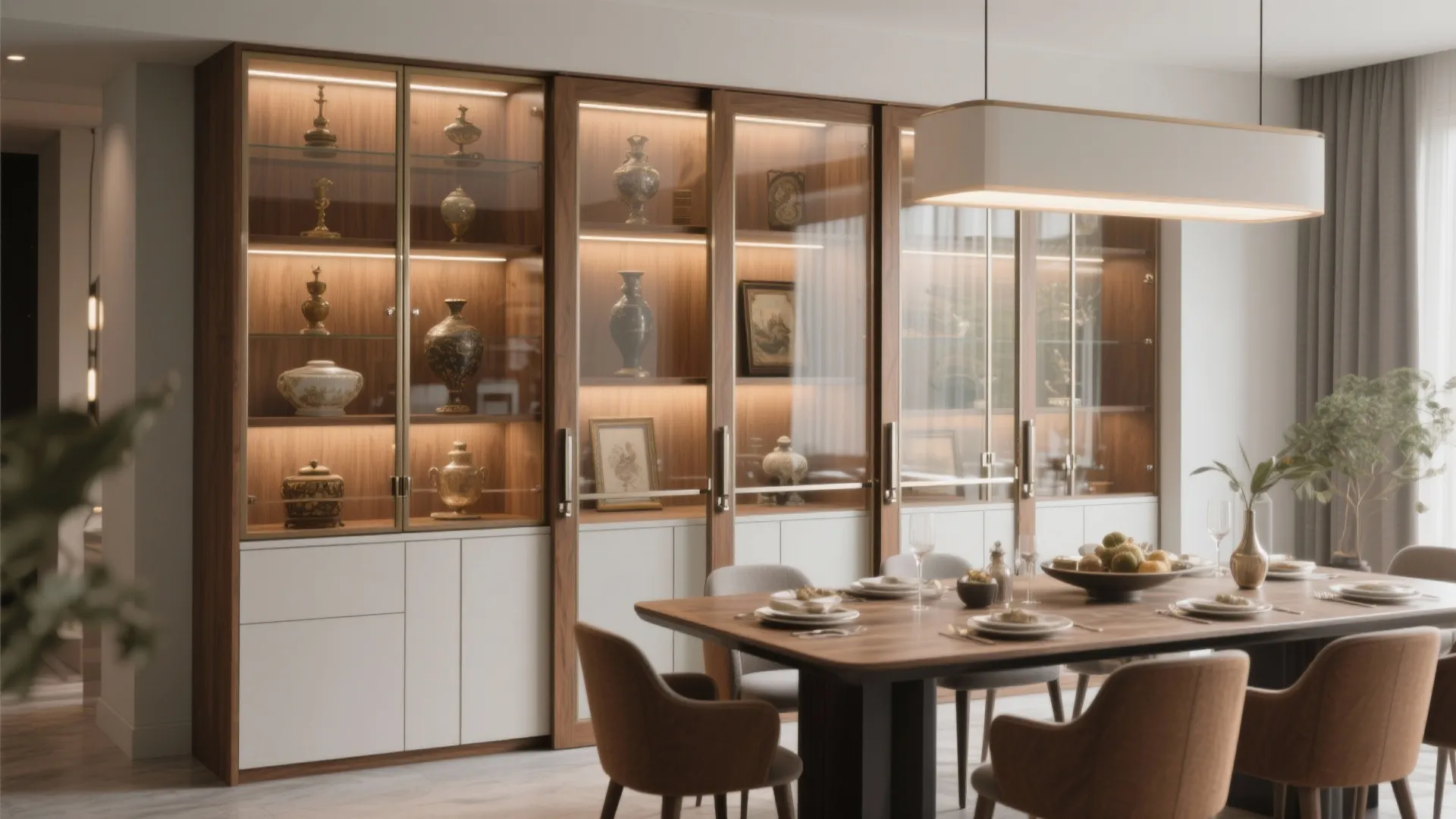 Large wooden cabinet with glass doors and lighted shelves behind a modern dining table chairs