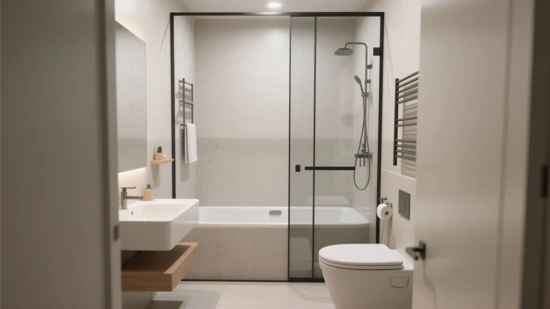 Small bathroom with a sliding glass shower door