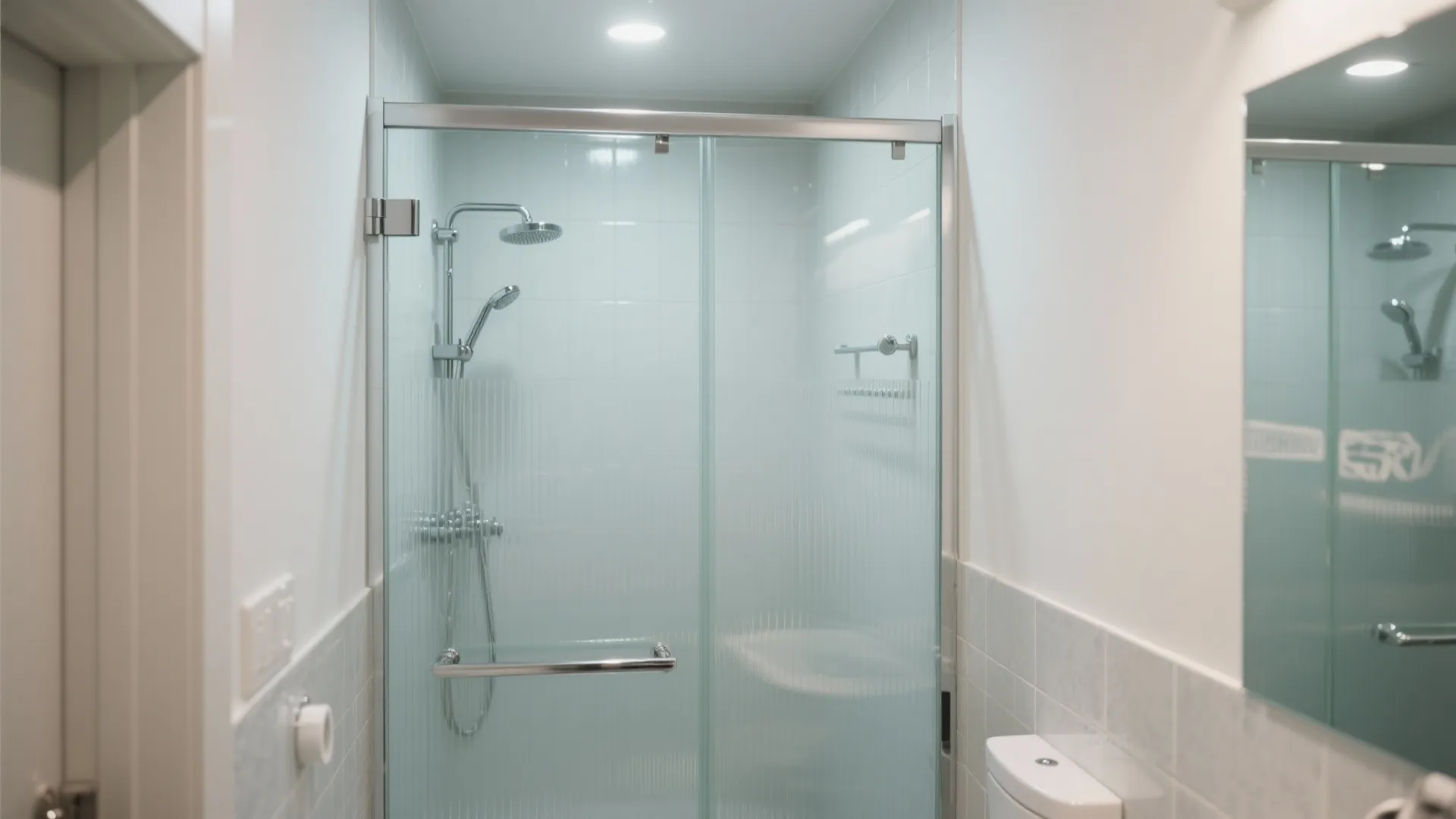 Glass sliding shower door saving space in compact bathroom